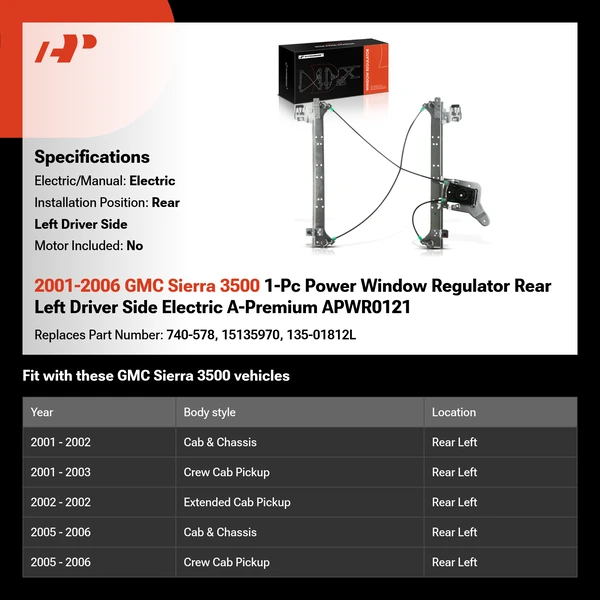 2001-2006 GMC Sierra 3500 1-Pc Power Window Regulator Rear Left Driver Side Electric A-Premium APWR0121