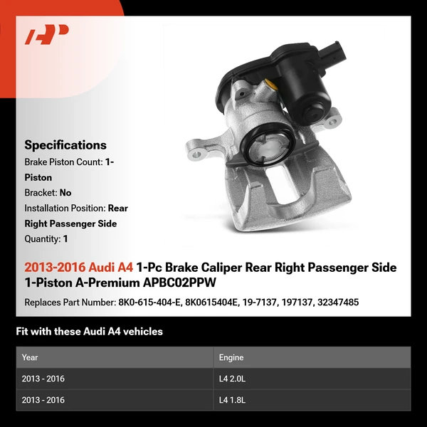 2013-2016 Audi A4 1-Pc Brake Caliper Rear Right Passenger Side 1-Piston A-Premium APBC02PPW