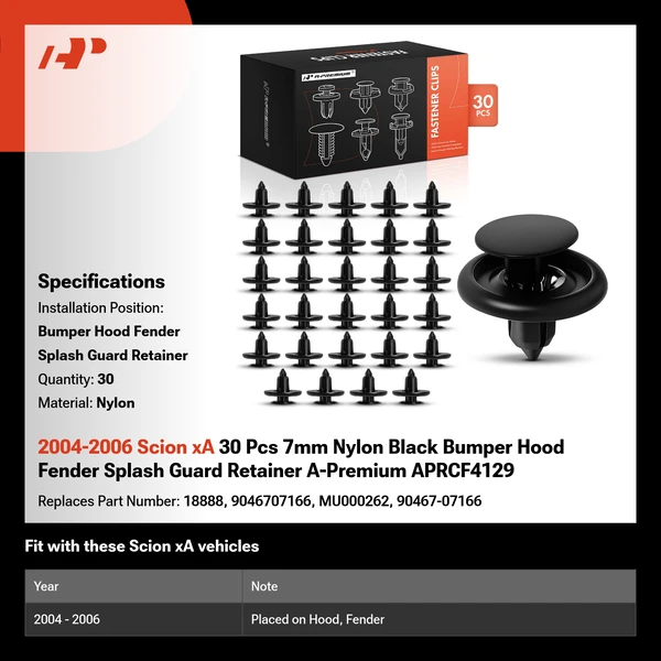 2004-2006 Scion xA 30 Pcs 7mm Nylon Black Bumper Hood Fender Splash Guard Retainer A-Premium APRCF4129