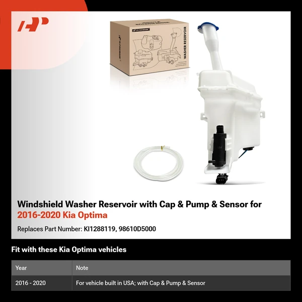 Windshield Washer Reservoir with Cap & Pump & Sensor for 2016-2020 Kia Optima