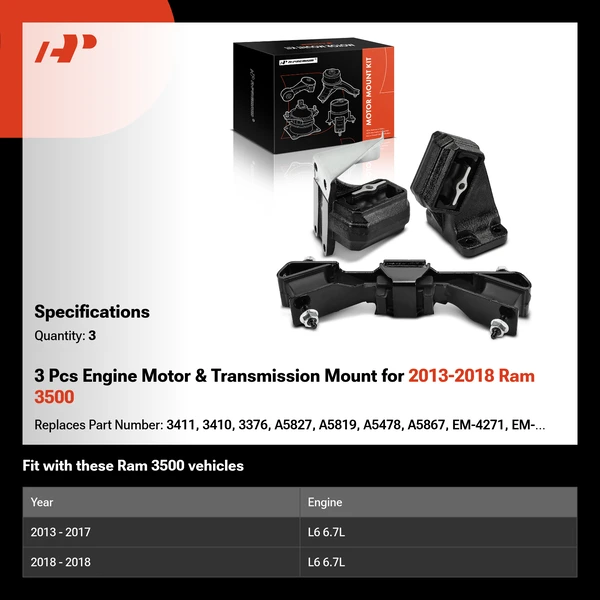 3 Pcs Engine Motor & Transmission Mount for 2013-2018 Ram 3500