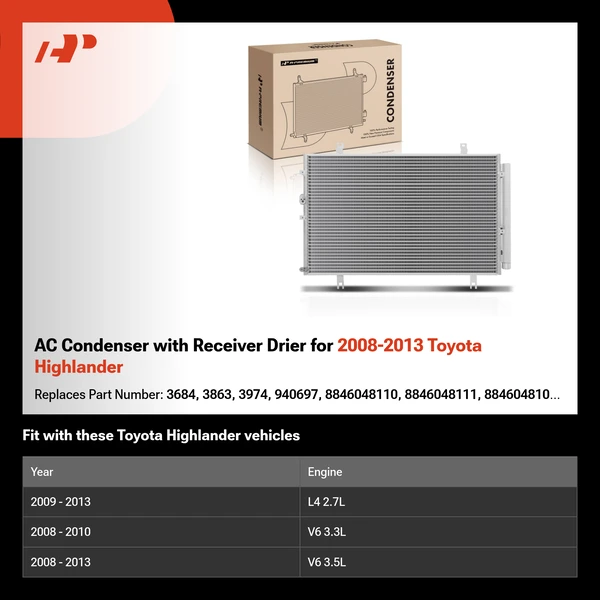 AC Condenser with Receiver Drier for 2008-2013 Toyota Highlander