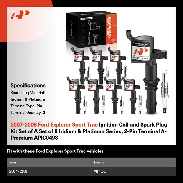 2007-2008 Ford Explorer Sport Trac Ignition Coil and Spark Plug Kit Set of A Set of 8 Iridium & Platinum Series, 2-Pin Terminal A-Premium APIC0493
