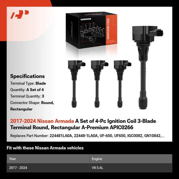 2017-2024 Nissan Armada A Set of 4-Pc Ignition Coil 3-Blade Terminal Round, Rectangular A-Premium APIC0266