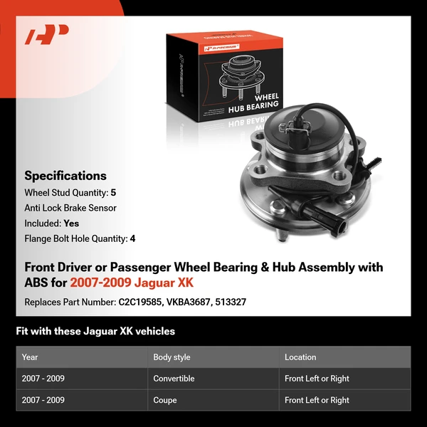 Front Driver or Passenger Wheel Bearing & Hub Assembly with ABS for 2007-2009 Jaguar XK