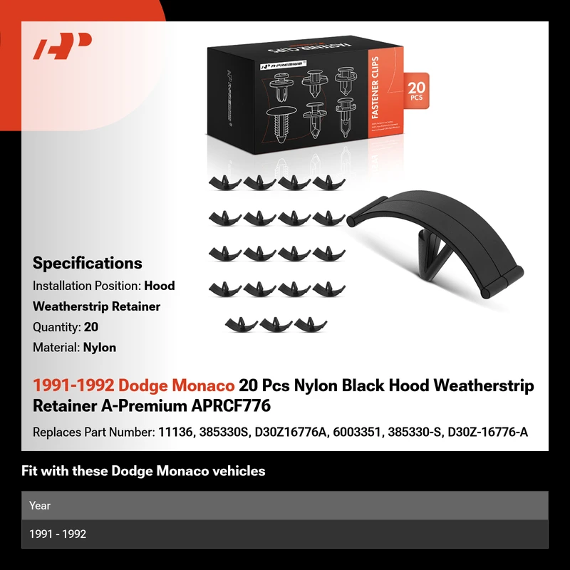 1991-1992 Dodge Monaco 20 Pcs Nylon Black Hood Weatherstrip Retainer A-Premium APRCF776