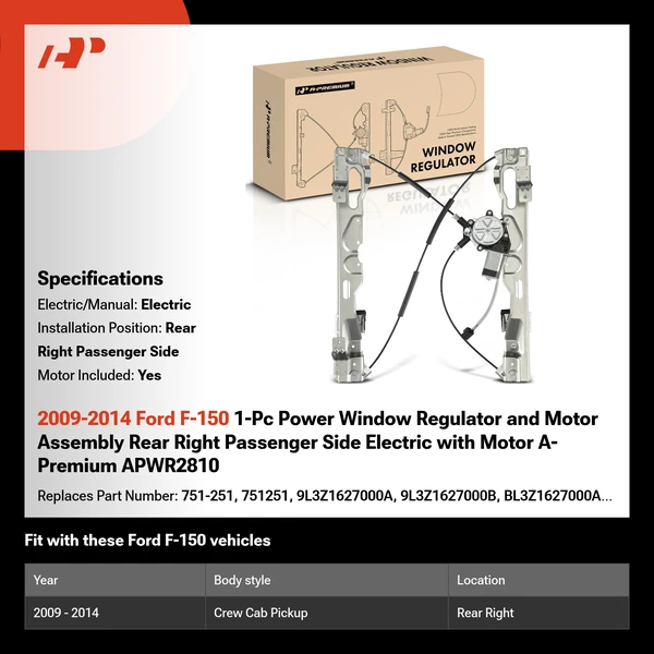 2009-2014 Ford F-150 1-Pc Power Window Regulator and Motor Assembly Rear Right Passenger Side Electric with Motor A-Premium APWR2810