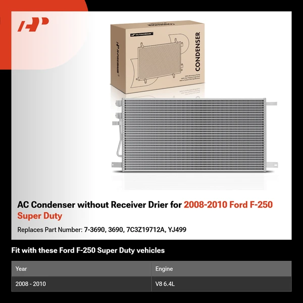 AC Condenser without Receiver Drier for 2008-2010 Ford F-250 Super Duty