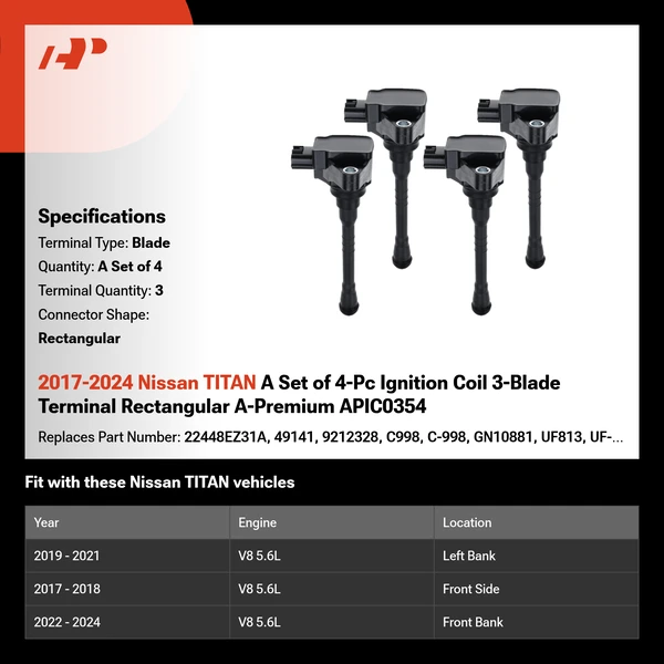 2017-2024 Nissan TITAN A Set of 4-Pc Ignition Coil 3-Blade Terminal Rectangular A-Premium APIC0354