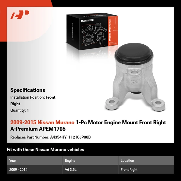 2009-2015 Nissan Murano 1-Pc Motor Engine Mount Front Right A-Premium APEM1705