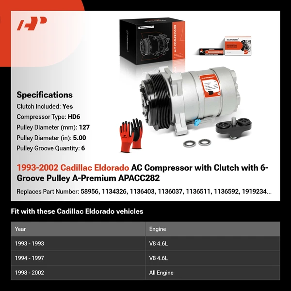 1993-2002 Cadillac Eldorado AC Compressor with Clutch with 6-Groove Pulley A-Premium APACC282