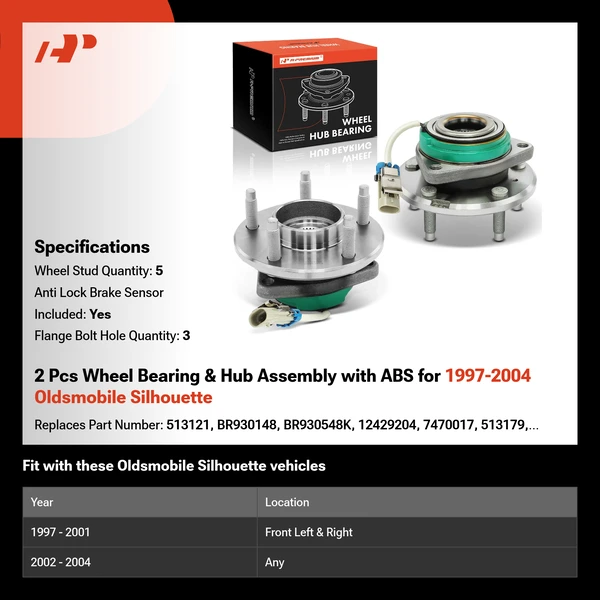 2 Pcs Wheel Bearing & Hub Assembly with ABS for 1997-2004 Oldsmobile Silhouette