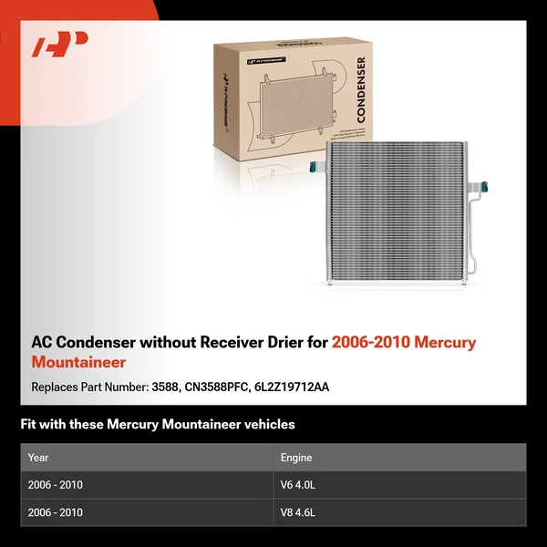 AC Condenser without Receiver Drier for 2006-2010 Mercury Mountaineer