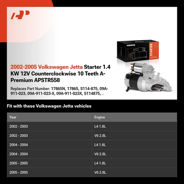 2002-2005 Volkswagen Jetta Starter 1.4 KW 12V Counterclockwise 10 Teeth A-Premium APSTR558
