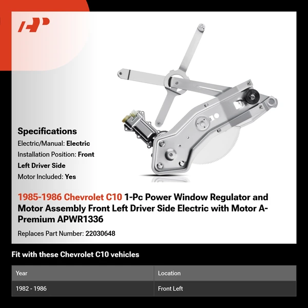1985-1986 Chevrolet C10 1-Pc Power Window Regulator and Motor Assembly Front Left Driver Side Electric with Motor A-Premium APWR1336