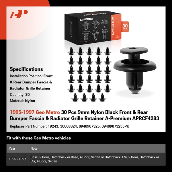 1995-1997 Geo Metro 30 Pcs 9mm Nylon Black Front & Rear Bumper Fascia & Radiator Grille Retainer A-Premium APRCF4283