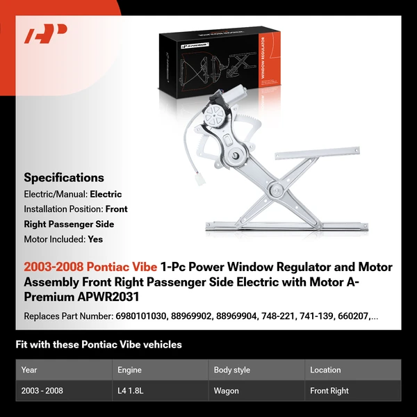 2003-2008 Pontiac Vibe 1-Pc Power Window Regulator and Motor Assembly Front Right Passenger Side Electric with Motor A-Premium APWR2031