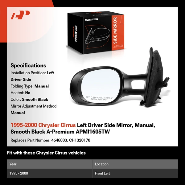 1995-2000 Chrysler Cirrus Left Driver Side Mirror, Manual, Smooth Black A-Premium APMI1605TW