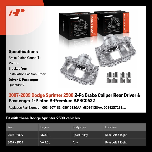 2007-2009 Dodge Sprinter 2500 2-Pc Brake Caliper Rear Driver & Passenger 1-Piston A-Premium APBC0632