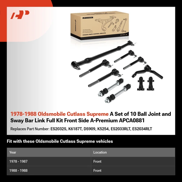 1978-1988 Oldsmobile Cutlass Supreme A Set of 10 Ball Joint and Sway Bar Link Full Kit Front Side A-Premium APCA0881