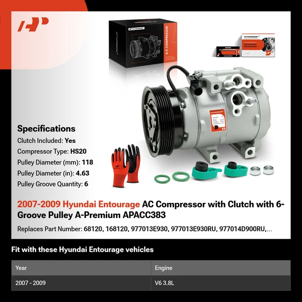2007-2009 Hyundai Entourage AC Compressor with Clutch with 6-Groove Pulley A-Premium APACC383