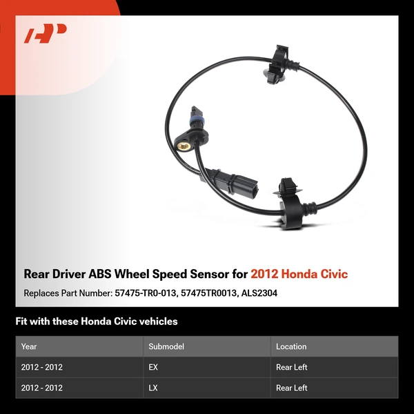 Rear Driver ABS Wheel Speed Sensor for 2012 Honda Civic
