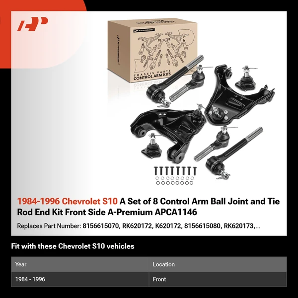 1984-1996 Chevrolet S10 A Set of 8 Control Arm Ball Joint and Tie Rod End Kit Front Side A-Premium APCA1146