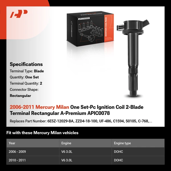 2006-2011 Mercury Milan One Set-Pc Ignition Coil 2-Blade Terminal Rectangular A-Premium APIC0078