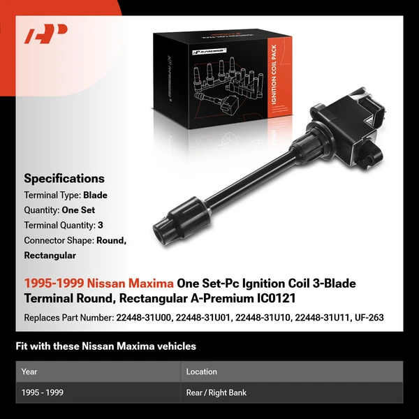 1995-1999 Nissan Maxima One Set-Pc Ignition Coil 3-Blade Terminal Round, Rectangular A-Premium IC0121