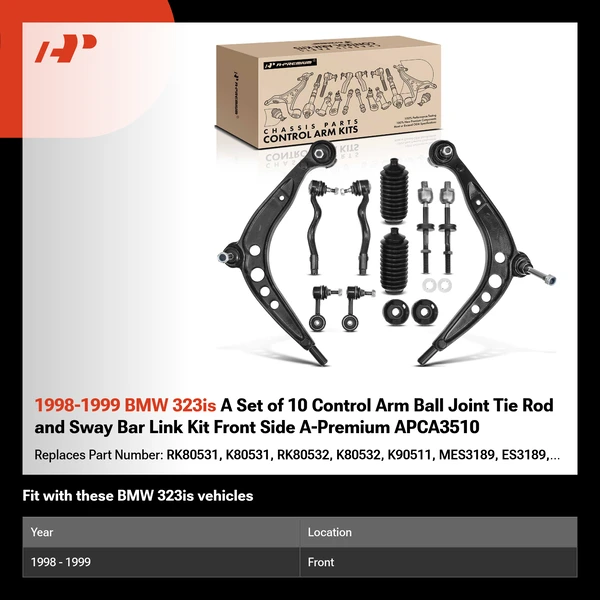 1998-1999 BMW 323is A Set of 10 Control Arm Ball Joint Tie Rod and Sway Bar Link Kit Front Side A-Premium APCA3510