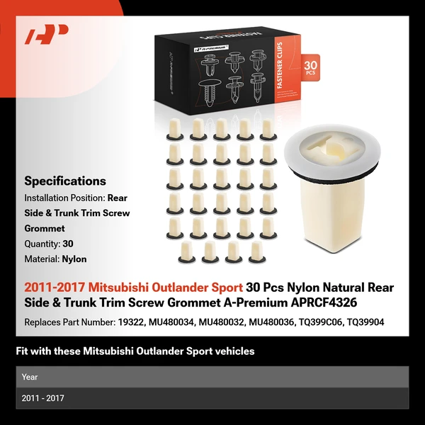 2011-2017 Mitsubishi Outlander Sport 30 Pcs Nylon Natural Rear Side & Trunk Trim Screw Grommet A-Premium APRCF4326