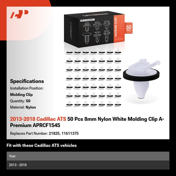 2013-2018 Cadillac ATS 50 Pcs 8mm Nylon White Molding Clip A-Premium APRCF1545