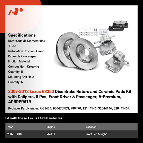 2007-2018 Lexus ES350 Disc Brake Rotors and Ceramic Pads Kit with Calipers, 8 Pcs, Front Driver & Passenger, A-Premium, APBRPR619