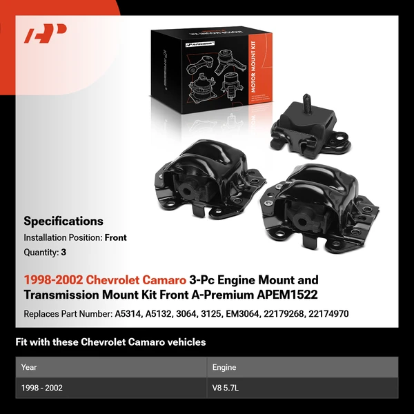 1998-2002 Chevrolet Camaro 3-Pc Engine Mount and Transmission Mount Kit Front A-Premium APEM1522