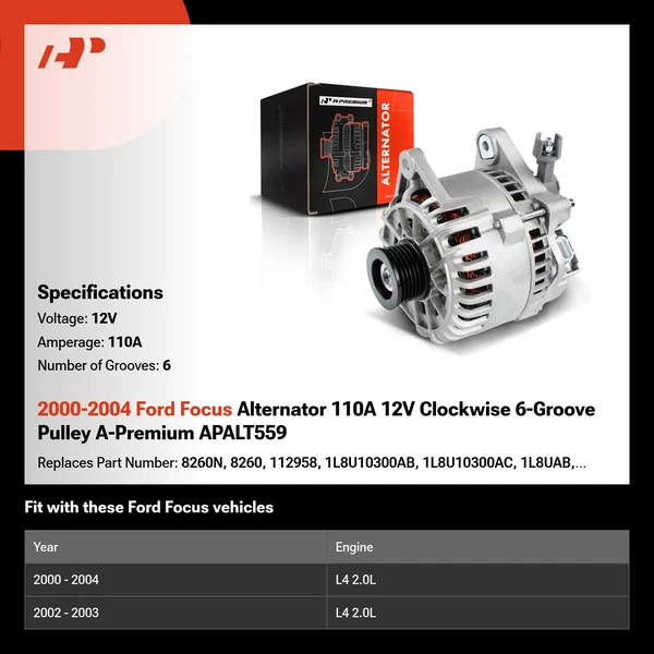 2000-2004 Ford Focus Alternator 110A 12V Clockwise 6-Groove Pulley A-Premium APALT559