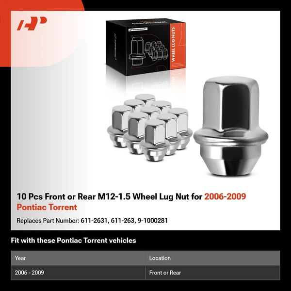 10 Pcs Front or Rear M12-1.5 Wheel Lug Nut for 2006-2009 Pontiac Torrent