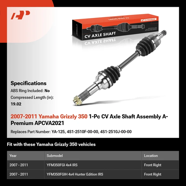 2007-2011 Yamaha Grizzly 350 1-Pc CV Axle Shaft Assembly A-Premium APCVA2021