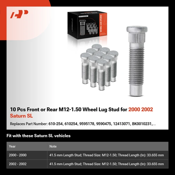 10 Pcs Front or Rear M12-1.50 Wheel Lug Stud for 2000 2002 Saturn SL