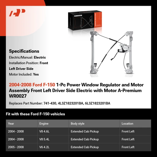 2004-2008 Ford F-150 1-Pc Power Window Regulator and Motor Assembly Front Left Driver Side Electric with Motor A-Premium WR0027