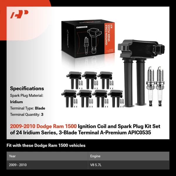 2009-2010 Dodge Ram 1500 Ignition Coil and Spark Plug Kit Set of 24 Iridium Series, 3-Blade Terminal A-Premium APIC0535