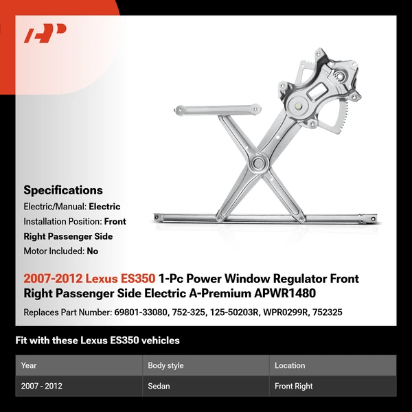 2007-2012 Lexus ES350 1-Pc Power Window Regulator Front Right Passenger Side Electric A-Premium APWR1480