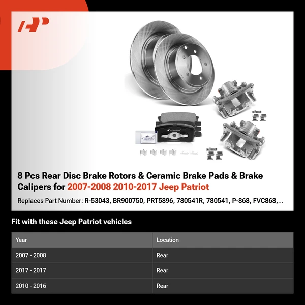 8 Pcs Rear Disc Brake Rotors & Ceramic Brake Pads & Brake Calipers for 2007-2008 2010-2017 Jeep Patriot