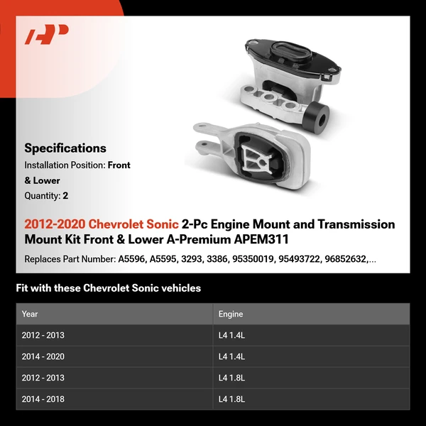 2012-2020 Chevrolet Sonic 2-Pc Engine Mount and Transmission Mount Kit Front & Lower A-Premium APEM311