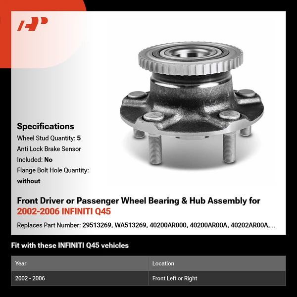 Front Driver or Passenger Wheel Bearing & Hub Assembly for 2002-2006 INFINITI Q45