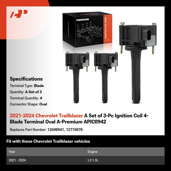 2021-2024 Chevrolet Trailblazer A Set of 3-Pc Ignition Coil 4-Blade Terminal Oval A-Premium APIC0942