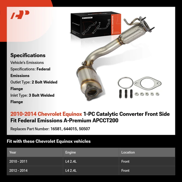 2010-2014 Chevrolet Equinox 1-PC Catalytic Converter Front Side Fit Federal Emissions A-Premium APCCT200