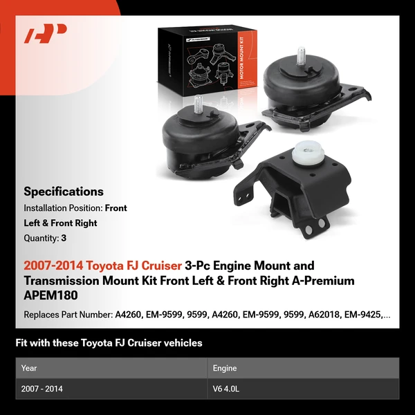 2007-2014 Toyota FJ Cruiser 3-Pc Engine Mount and Transmission Mount Kit Front Left & Front Right A-Premium APEM180