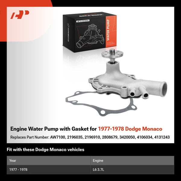 Engine Water Pump with Gasket for 1977-1978 Dodge Monaco