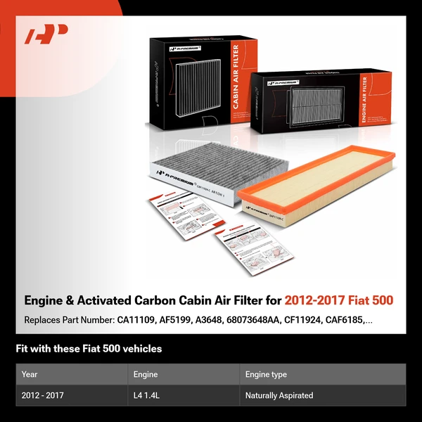 Engine & Activated Carbon Cabin Air Filter for 2012-2017 Fiat 500