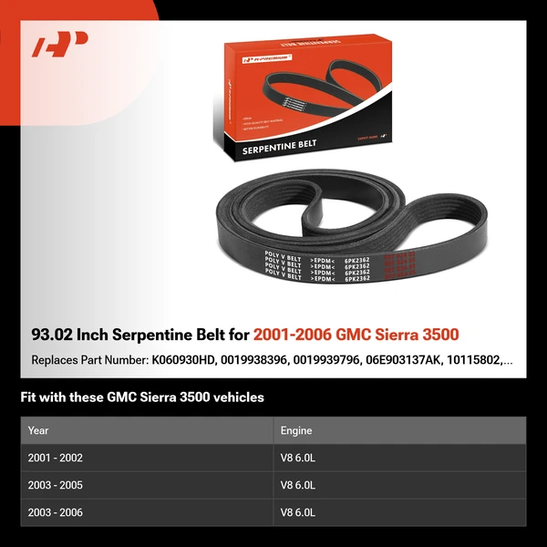 93.02 Inch Serpentine Belt for 2001-2006 GMC Sierra 3500